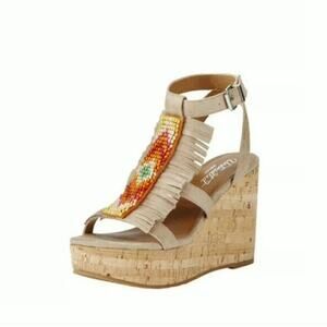 Ariat Unbridled Tan Sea Bead Fringe Beaded Platform Sandals Western Boho~ NEW!!